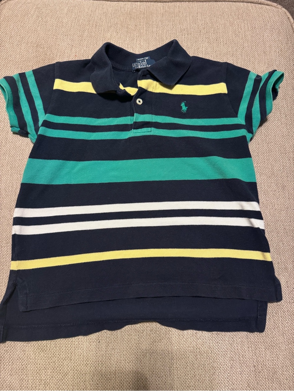 Polo by Ralph Lauren Navy Polo with Green, Yellow & White Stripes